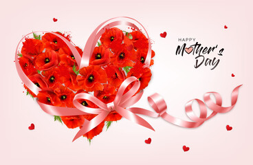 Poster - Happy Mother's Day background with red poppies gathered in the shape of a heart and pink ribbon. Vector.