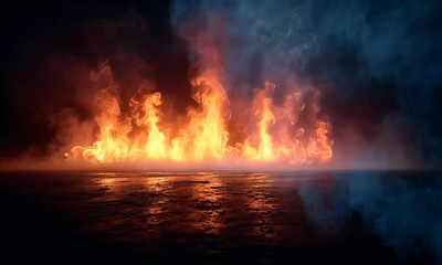 Wall Mural - Abstract Fire Flames Illuminated Against Dark Background with Smoke and Glowing Embers Creating a Visually Intense Scene