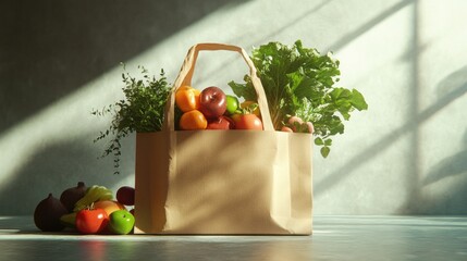 Poster - Fresh organic produce in a reusable grocery bag showcasing a sustainable lifestyle and vibrant colors Generative AI
