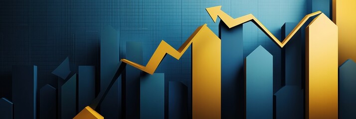 Fototapete - Modern business background featuring layered bar charts and upward arrows in gold and blue tones with smooth paper textures Generative AI