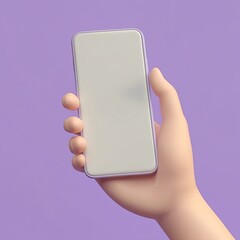 3d cartoon hand holding smartphone isolated on purple background. hand using mobile phone mockup. 3d