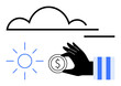 © robu_s - Hand holding money coin under cloud and sun. Highlights sustainability, financial planning, and environmental influence. Ideal for finance, green economy, climate change, investment, innovation