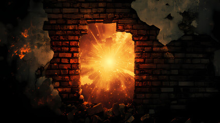 Wall Mural - A celestial spectacle bursts through a crumbling brick wall, illuminating the darkness with a radiant glow. Radiant Darkness. Illustration