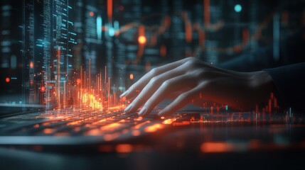 a hand types on a glowing keyboard, surrounded by digital data visualizations and city lights. a fut