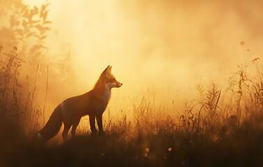 Wall Mural - A red fox standing in a misty meadow at dawn, soft golden light, wild and free 