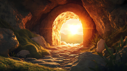 Wall Mural - an empty tomb with a glowing light inside, representing resurrection crisp edges. eternal edge. illu