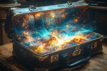 Wall Mural - Vintage suitcase opened revealing a mesmerizing galaxy swirling inside hinting at otherworldly travels and untold cosmic stories.