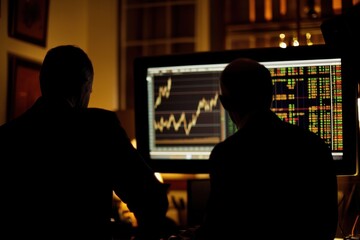 Poster - Busy financial analysts monitor market trends and stock data in a modern office environment during working hours, focusing on screens displaying graphs and statistics