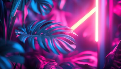 Aufkleber - Vibrant neon lights illuminate tropical foliage in a modern urban lounge during nighttime