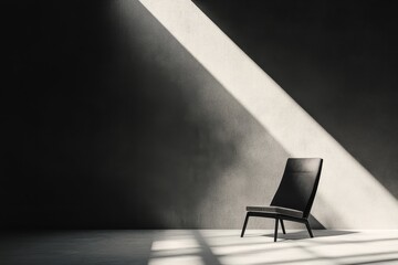 Fototapete - Modern black chair in a minimalist room with dramatic light streaming through a window, creating a striking ambiance in the space