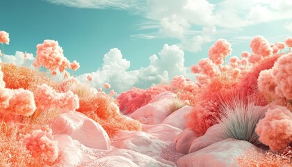 Aufkleber - Colorful marsh reeds growing dramatically on rocky terrain under a bright sky with fluffy clouds and pastel colors at sunset