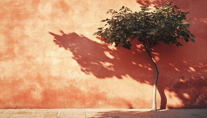 Fototapete - Soft shadows of a tree dance on a faded orange wall during sunset in a serene urban setting
