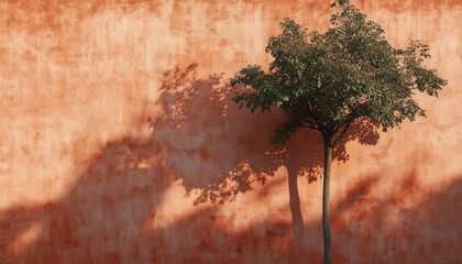 Poster - Soft shadows of a tree dance on a faded orange wall during sunset in a serene urban setting
