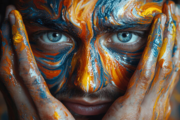 Canvas Print - artist smearing paint onto canvas with bare hands, face smeared with colors matching chaotic swirls 