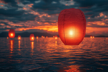 Wall Mural - a red paper lantern floating into a twilight sky with others. concept of cultural celebrations and h