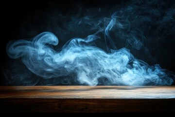 Leinwandbilder - Wisps of smoke swirl gracefully above a wooden surface, creating an ethereal atmosphere in low light settings