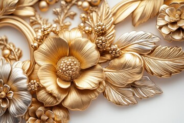 Poster - Golden floral relief design showcasing intricate details and craftsmanship with silver accents, perfect for home decor or artistic inspiration