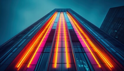Aufkleber - Vibrant city lights illuminate a modern building at night, showcasing colorful neon designs in an urban setting