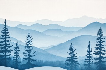 Fototapete - Beautiful winter landscape featuring layered snowy mountains and pine trees under a soft blue gradient sky Generative AI