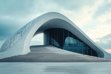 Leinwandbilder - Modern architectural design with sweeping curves and glass facade at a cultural center in a cloudy sky setting during late afternoon