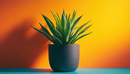 Poster - Lively green plant in textured pot against vibrant orange and turquoise background showcasing modern decor