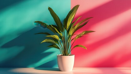 Poster - Lively green plant in textured pot against vibrant orange and turquoise background showcasing modern decor