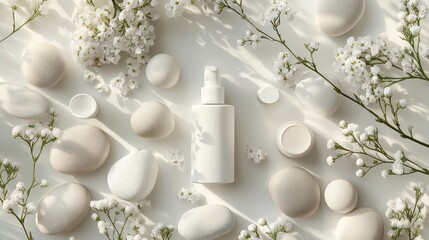 Aufkleber - White skincare products arranged artfully with stones and flowers in a serene, calm setting for promoting relaxation and self-care