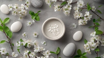 Aufkleber - White skincare products arranged artfully with stones and flowers in a serene, calm setting for promoting relaxation and self-care