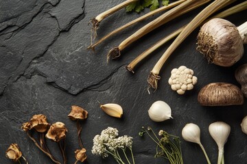 Fototapete - Premium organic vegetables arranged artfully on a dark slate background showcasing farm-to-table elegance and rich textures Generative AI
