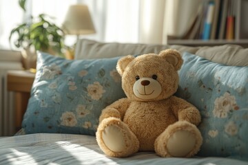 Poster - Cozy living room interior featuring a plush teddy bear on a soft white couch with decorative pillows and natural sunlight illuminating the space