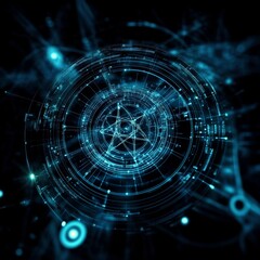 Leinwandbilder - Abstract Techno-Futuristic Design: Glowing Blue Network with Geometric Shapes and Data Visualization on Black Background