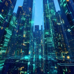 Aufkleber - A Digital Metropolis: An Abstract View of a Futuristic Cityscape with Glowing Lights and Lines 