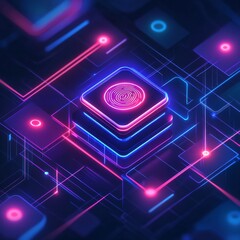 Poster - Cyberpunk Fingerprint Security: Abstract Digital Authentication Network with Neon Lights and Geometric Design