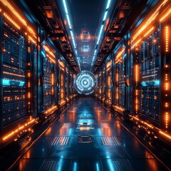 Poster - Futuristic Data Center: A Glowing Corridor of Servers with a Cyberpunk Aesthetic, Orange and Blue Lighting