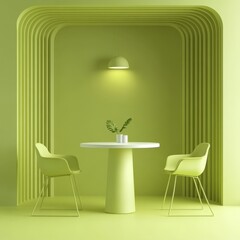 Poster - Minimalist Lime Green Interior with Arched Entrance, Round Table, and Chairs for a Clean and Contemporary Aesthetic