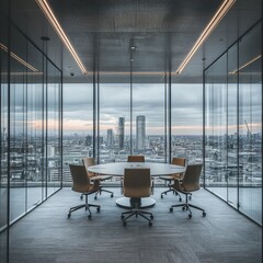 Poster - Modern Conference Room with Panoramic City View, featuring round table, chairs, and expansive glass windows.