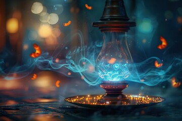 Aufkleber - Illuminated lantern with vibrant blue light surrounded by floating bubbles in a mystical setting at night