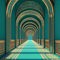 Poster - Teal and Gold Architectural Corridor: A mesmerizing perspective with ornate archways leading to a distant light filled end.