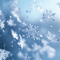 Poster - Winter's Embrace: A Mesmerizing Dance of Snowflakes Against a Soft Blue Canvas, Showcasing the Beauty of Nature's Frozen Art.