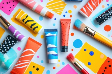 Poster - Vibrant paint strokes and art supplies arranged artistically on a palette showcasing colors and creativity in an artist's studio