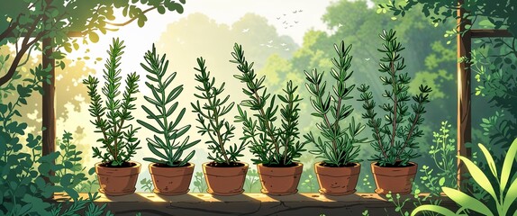 cartoon Herb garden with rosemary and thyme in gentle morning light anime illustration art design