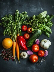 Aufkleber - Premium organic vegetables arranged artfully on dark slate, showcasing fresh produce with rich textures and farm-to-table elegance Generative AI