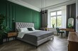 © sam - Elegant bedroom with green wall, gray bed, and wooden furniture.