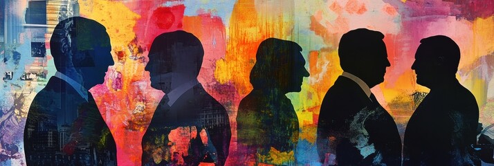 Poster - Modern artistic collage showcasing silhouettes of world leaders with abstract patterns in a vibrant political color palette Generative AI