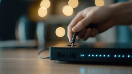Fototapete - Hand Plugging Cable into Router with Macro Detail and Soft Background