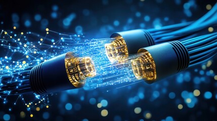 Fototapete - Glowing Fiber Optic Cable Ends with Abstract Light Effects