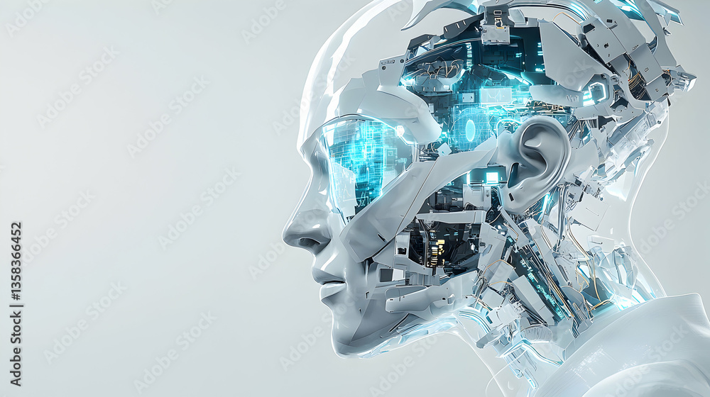 A futuristic robot head with visible internal circuitry. Ideal for tech ...