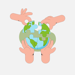Aufkleber - Human hand holding Jigsaw of Earth Globe. The concept of sustainable development for business, ecology and environment protection. Flat vector illustration.