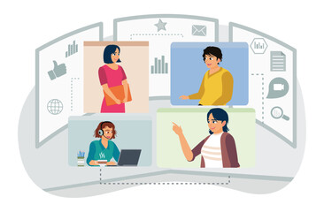 Wall Mural - video conference call of group meeting using computer chatting with colleagues online.
