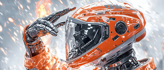 A futuristic astronaut salutes. The image could be used for sci-fi book covers posters or video game promotions. It suggests courage and exploration.